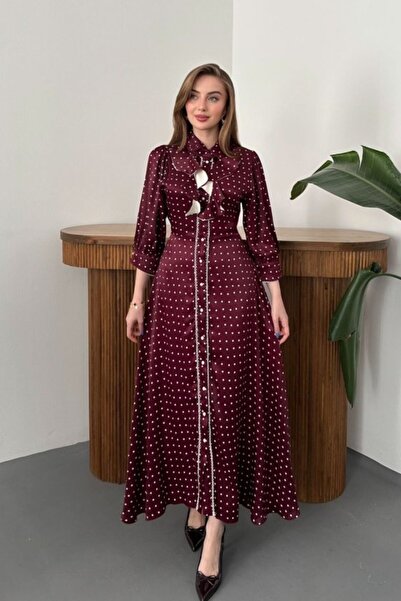 Elbee Fashion Woman Μπορντό φόρεμα με πουά στο μπροστινό μέρος