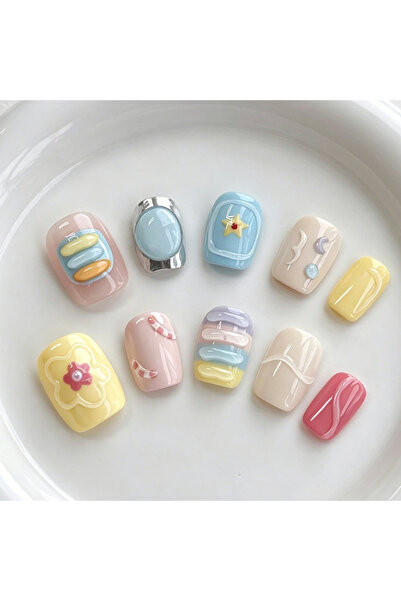 Choice1 As Picture-M 10Pcs French Style Small Fresh Macaron Color Short Nail ...