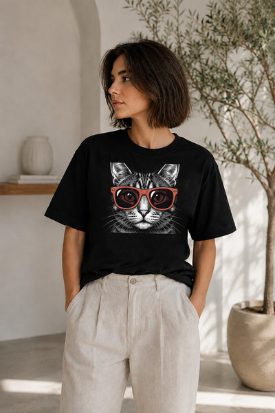 BAGAND Premium Red Glasses Cat Printed Oversize Unisex T-Shirt Black T-Shirt