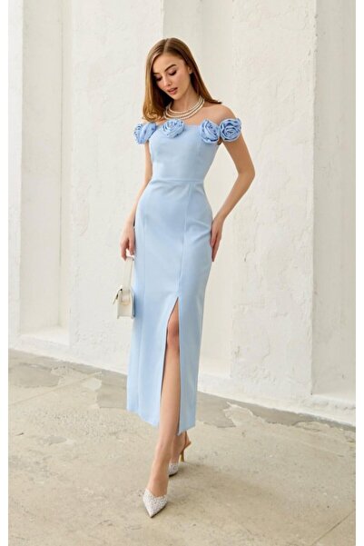 SEREMONİ BUTİK Blue Madonna Collar Rose Dress