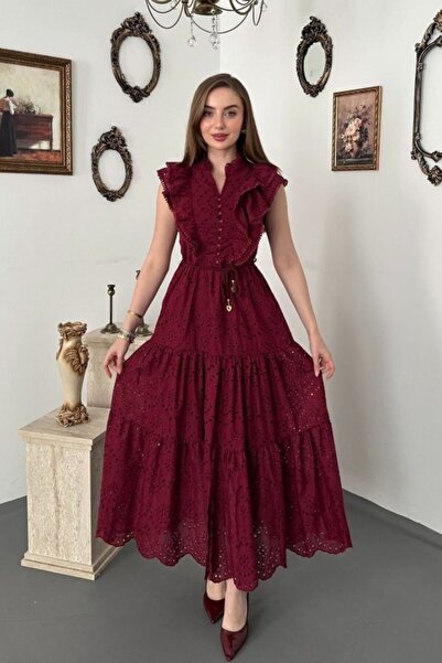 Elbee Fashion Woman Φόρεμα με βολάν και κουμπιά σε μπορντό χρώμα