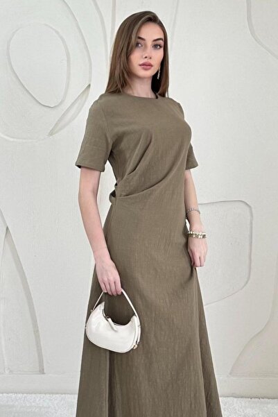 LUMU Khaki Pleated Crew Neck Dress