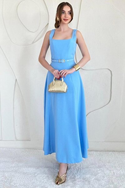 ELBEE Atlas Fabric Dress with Blue Belt Detail