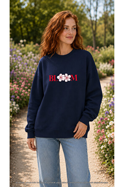 caddekombin Women's Floral Detailed Bloom Graphic Printed Round Crew Neck Lon...