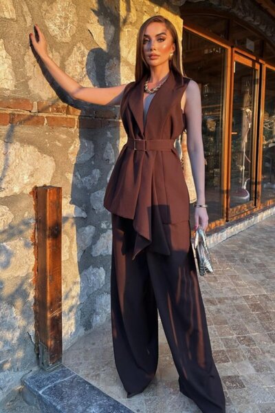 Generic Brand Brown Belt Detailed Vest and Trousers Set