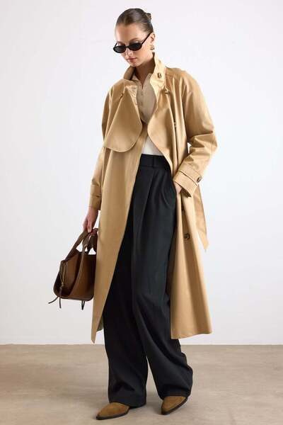 Olcay High Collar Cape Detailed Water Repellent Trench Coat Kamel 6889