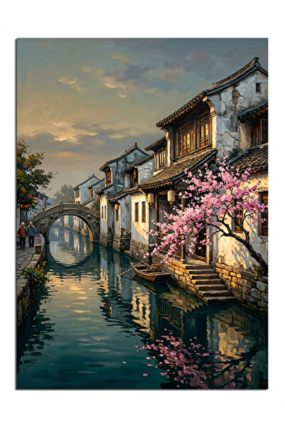 Artmeg Orașul chinezesc cu apă, flori de cireș, pânză decorativă - Tablou din...