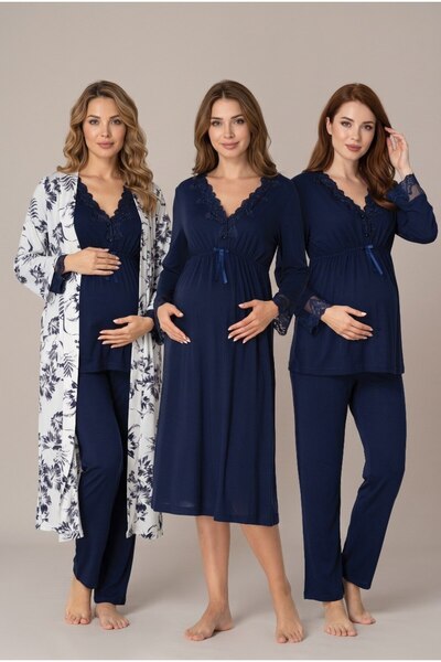 Pelin Women's Navy Blue Patterned Lace Detailed Maternity Nightgown with Nurs...