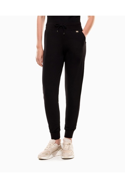 EA7 Women's Cotton Regular Fit Black Sweatpants with Elastic Waist and Cuffs