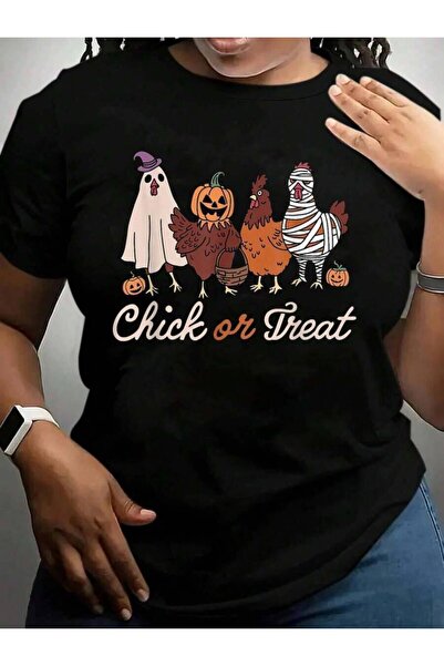 23ERVA تي شيرت برسومات سوداء لعيد الهالوين من Chick Or Treat Witch Spooky Chi...
