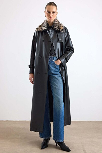 Olcay Removable Leopard Pattern Fur Long Leather Trench Coat Black 6893