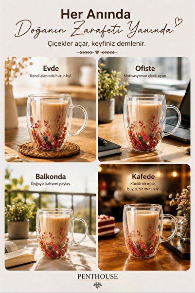 Penthouse 350 ml Floral Double-Walled Glass Mug – Decorative Design, for Hot and Cold Beverages