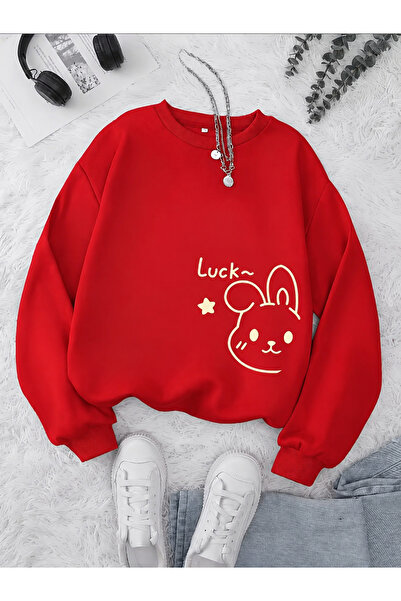 Trend Sizde Hanorac unisex cu mânecă lungă, cu imprimeu Luck Rabbit și guler ...