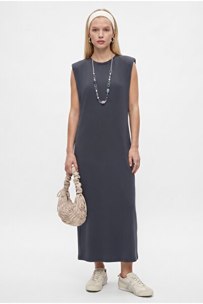 Ritnice Women's Celia Zero Sleeve Midi Anthracite Dress with Padded Shoulders