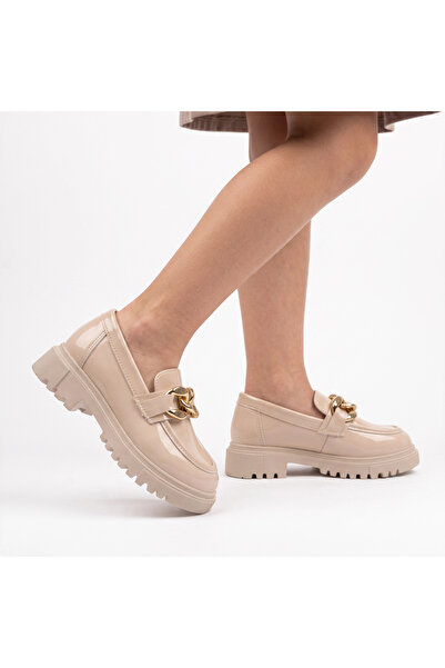 Adım Dünyası Girl's Loafer Shoes with Gold Chain Detail, Stylish, Classic, fo...