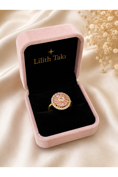 Lilith Takı Pink Stone Rotating Stress Ring – Sparkling Round Design Gold Col...