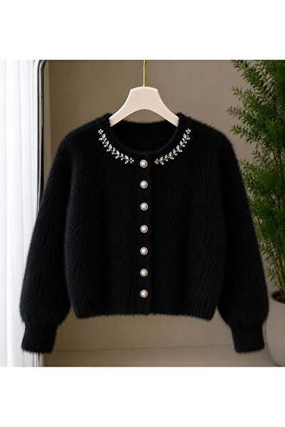Elysira Women's Collar with Stone Detail, Plush Look Knitwear Basic Cardigan