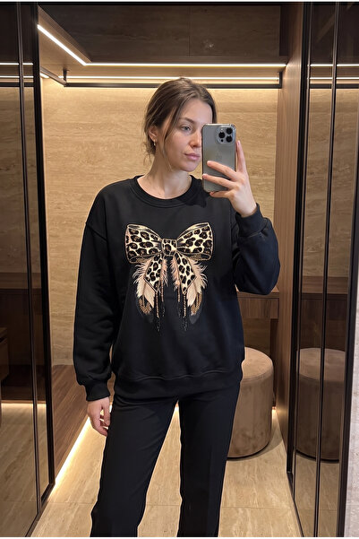 FEMELLE Black 100% Cotton Beaded Embroidered Bow Patterned Sweatshirt