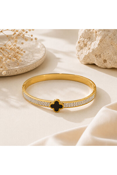 Archhazel Jewelery Gold Black Clover Detailed Stone-Encrusted Steel Handcuff ...