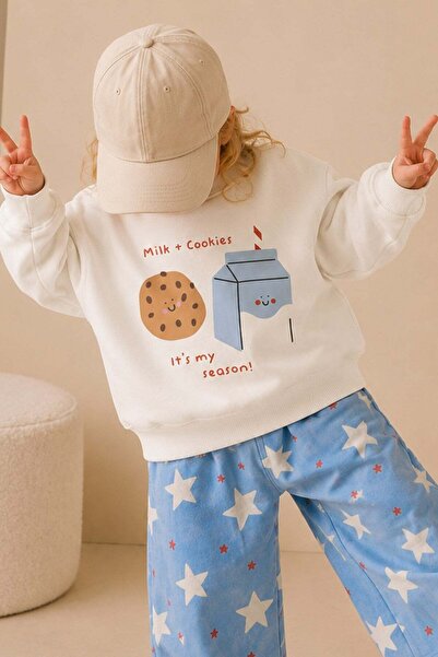 Monila Kız Çocuk 3 İplik Kumaş Pamuklu Kurabiye Baskılı Sweatshirt