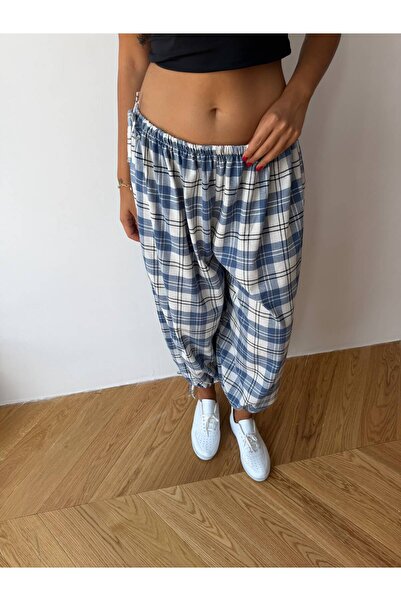 NEW JOURNAL Women's Indigo Lace-Up Plaid Patterned Premium Shalwar Trousers F...
