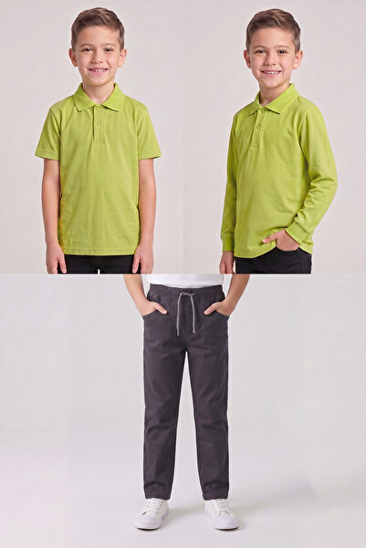 nacar çarşı Boys' School Pistachio Green Long and Short Sleeve Polo Collar T-...