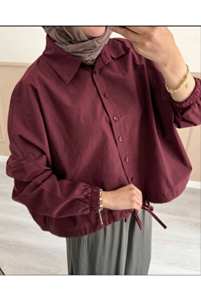 Bahar Altundemir Kadın Beli Büzgülü Oversize Düğmeli Crop Gömlek