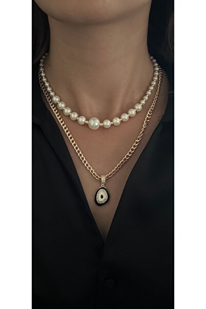 KAD COLLECTION Black Enamel Multi-Strap Necklace Combination with Pearls