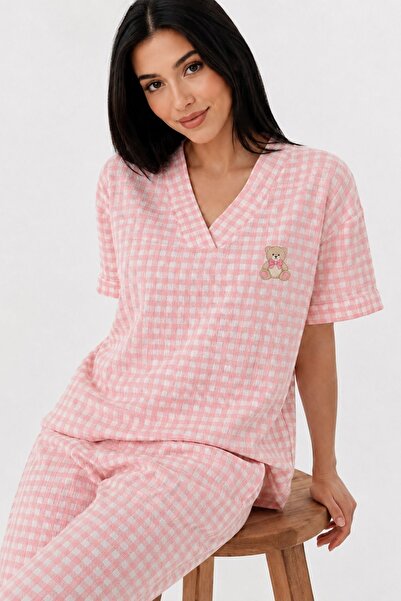 BELLA NOTTE Pink Gingham Patterned V-Neck Teddy Bear Embroidered Short Sleeve...