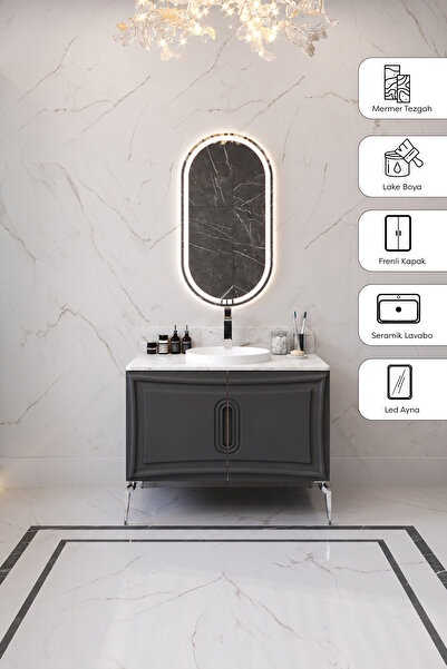 Biella Banyo Dolabı 90cm Mat Antrasit Lake Mermer Tezgahlı Seramik Lavabo LED Aynalı