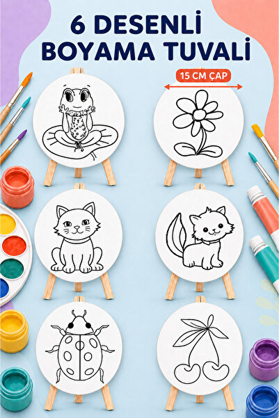 Minopi 6 Desenli Boyama Tuvali 15 Cm Çap Ahşap Şövaleli Çocuk Sanat ve Boyama...