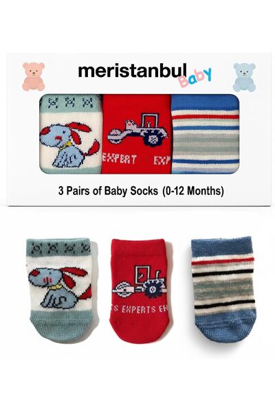 meristanbul Baby Boy Sock Set 0-12 Months |   3Some |   Tractor, Dog and Stri...