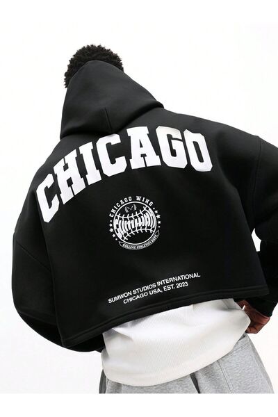 ZAVIXO Oversize Kapüşonlu Sweatshirt Chicago College Yazılı Büyük Sırt Baskıl...