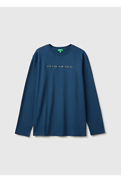 United Colors of Benetton Boy's Navy Blue Long Sleeve T-Shirt with Embroidere...