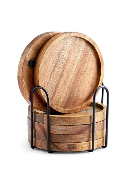 Generic Brand Acacia Wood Drink Coasters with Metal Holder, Round with Raised...
