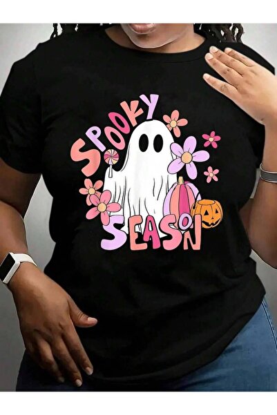 9JY Retro Cute Ghost Spooky Season Funny Halloween Black Graphic T Shirts Tee