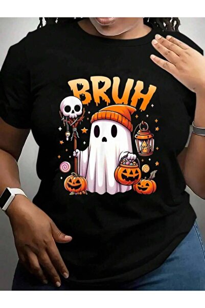 9JY Bruh Cute Ghost Trick Or Treat Candy Halloween Black Graphic T Shirts Tee