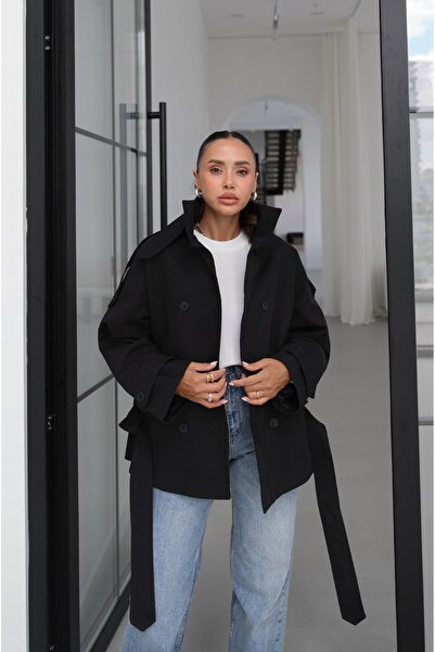 Havoş Black Elora Epaulet Detailed Stand Collar Trench Coat