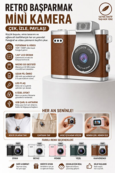 beemen Retro Mini Dijital Kamera 1.44'' LCD Ekranlı Fotoğraf ve Video Kamerası 1080P Kayıt 32GB microSD Destekli USB Şarjlı
