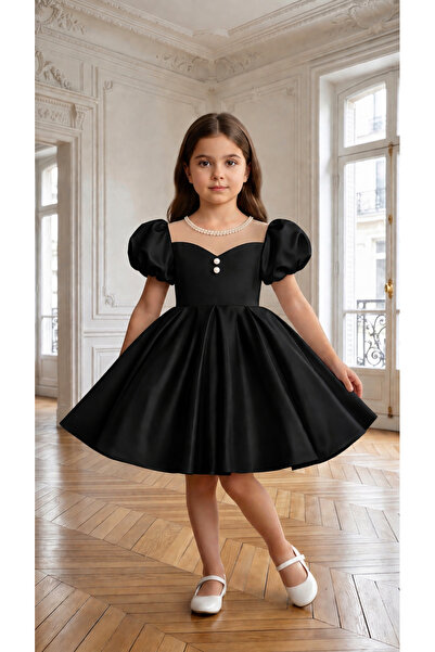 MUSGEM Special Design Pearl Detailed Black Short Sleeve Balloon Sleeve Girls ...