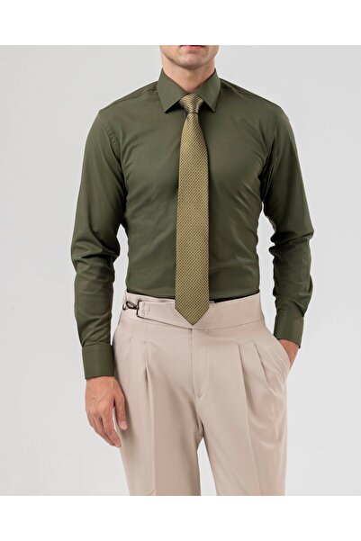 TerziAdemAltun Slim Fit Max Tie Collar Lycra Men's Shirt Khaki T20166-06