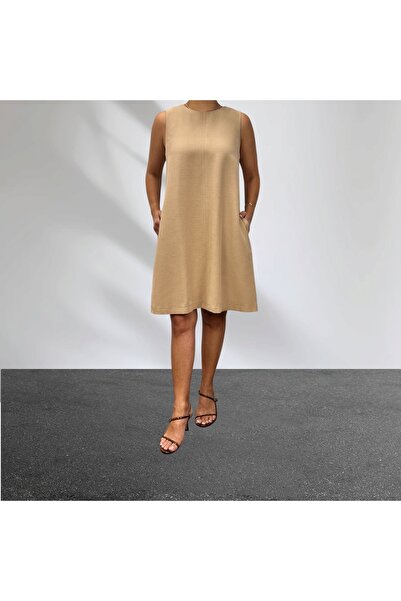 ABAS Beige Linen Blend Crew Neck Flared Dress