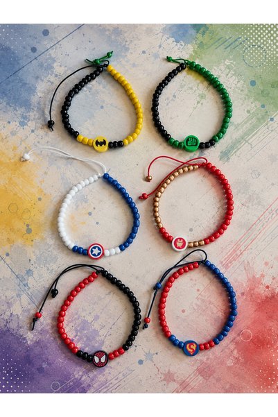 Amabel Jewelerys Super Heroes Children's Bracelet Set (Spider-Man, Batman, Hulk, Captain America, Superman, Iron Man) (Karne-Birthday)