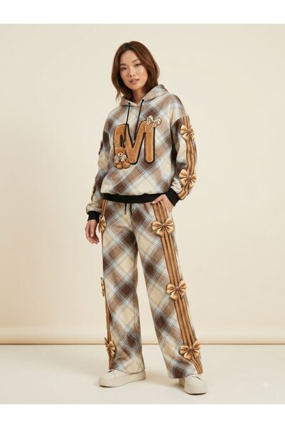 DENİKK Trendy 3-Thread Brushed Fleece Tracksuit Set with Stone-Print Embroidery
