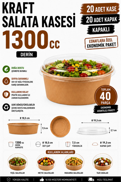 Enjoy Party Store 1300 CC Kraft Salata Kasesi 20 Adet + 20 Adet Kapak – Derin...