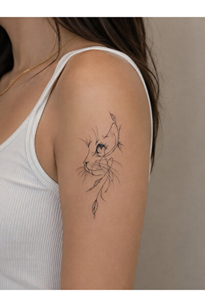 Kedi Geçici Dövme Kadın Minimal İnce Çizgi Tattoo Zarif Siyah Line Art Estetik Tasarım