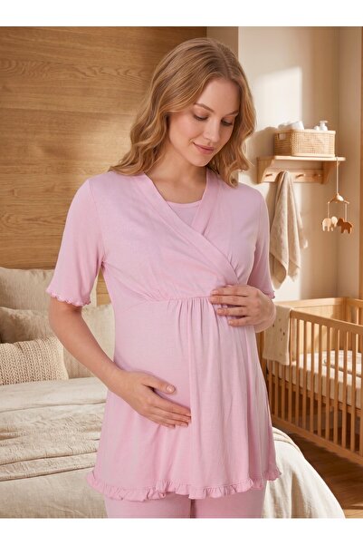Lohussa New Season Powder Double-Breasted Easy Breastfeeding Design Short Sle...