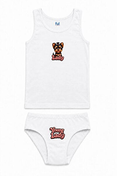 FUL Cute Lady Dog Printed Girls' 2-Piece Undershirt Panties Set Cotton Ecru 2...