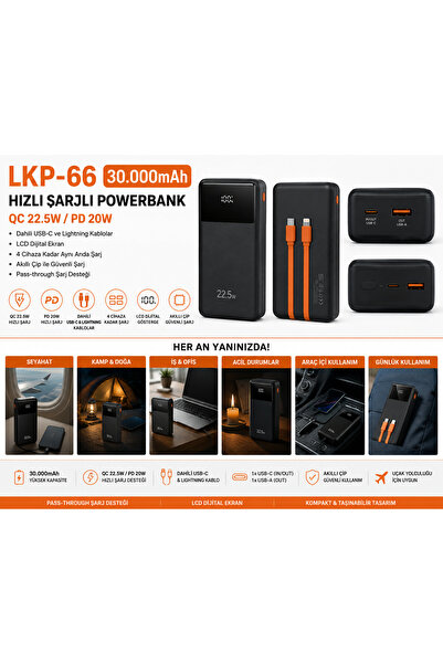 HİBOTEKNO LKP-66 30.000 mAh Powerbank 22.5W QC 20W PD Hızlı Şarj LCD Ekran Da...