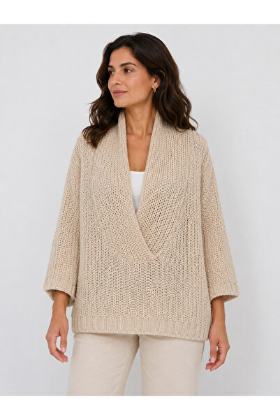 Neden Tekstil Women's Beige Knitwear Double-Breasted Collar Relaxed Fit Sweater